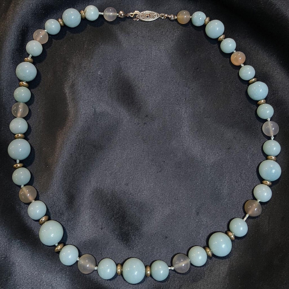 Vintage Amazonite Style Hand Knotted Blue & Gray Stone Bead Necklace